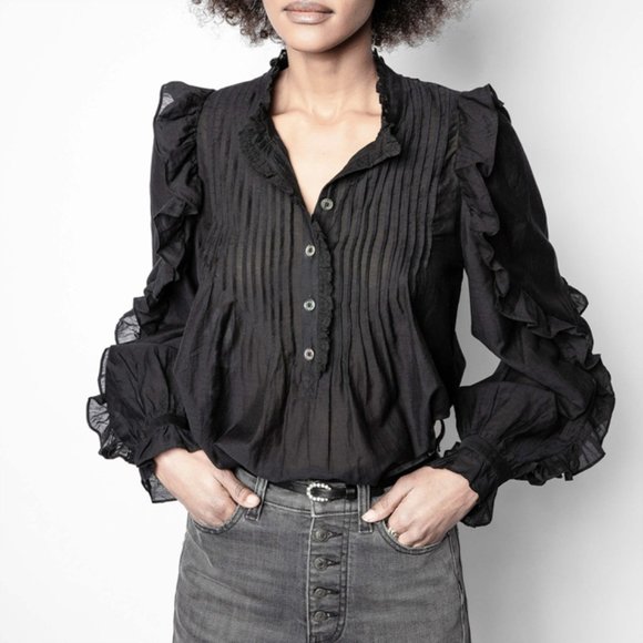 NWT $378 Zadig & Voltaire Timmy Tomboy Ruffled Tunic Blouse Shirt Black